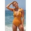 Lucky Brand Women’s Sea of Love Ruffle One Piece Swimsuit, Plunge Neck, Bathing Suits(Gold)