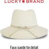 Lucky Brand Womens Summer Straw Wide Brim Boater Panama Adjustable Hat (One Size Fits Most)(Leather Tie – Gray)