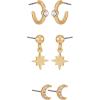 Lucky Brand 3 Pairs Star&Moon Shape Studs and Hoops Earrings with Sparkling Stone