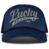 Lucky Brand Trucker Hat | Snapback | Adjustable | Mesh Back | Retro | Baseball Cap | Golf | Fishing | American Heritage(Lucky Print – Navy)
