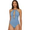 Lucky Brand Women’s Malaga Crochet Trim High Neck One Piece Swimsuit, Adjustable, Bathing Suits(Wisteria)