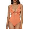 Lucky Brand Women’s Sea of Love Ruffle One Piece Swimsuit, Plunge Neck, Bathing Suits(Apricot Ice)