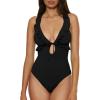 Lucky Brand Women’s Sea of Love Ruffle One Piece Swimsuit, Plunge Neck, Bathing Suits(Black)