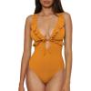 Lucky Brand Women’s Sea of Love Ruffle One Piece Swimsuit, Plunge Neck, Bathing Suits(Gold)