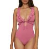 Lucky Brand Women’s Sea of Love Ruffle One Piece Swimsuit, Plunge Neck, Bathing Suits(Pinkie)