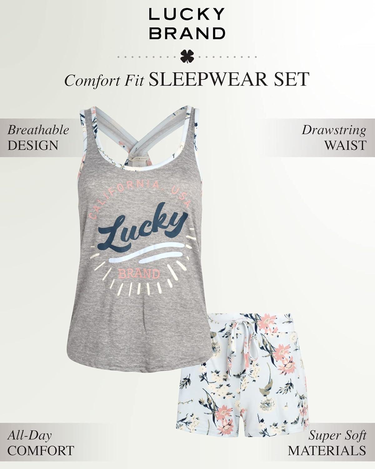 imageLucky Brand Womens 2 Piece Lounge Set Lightweight Soft Pajamas Sleepwear Crossback Tank Top and Sleep ShortsGrey