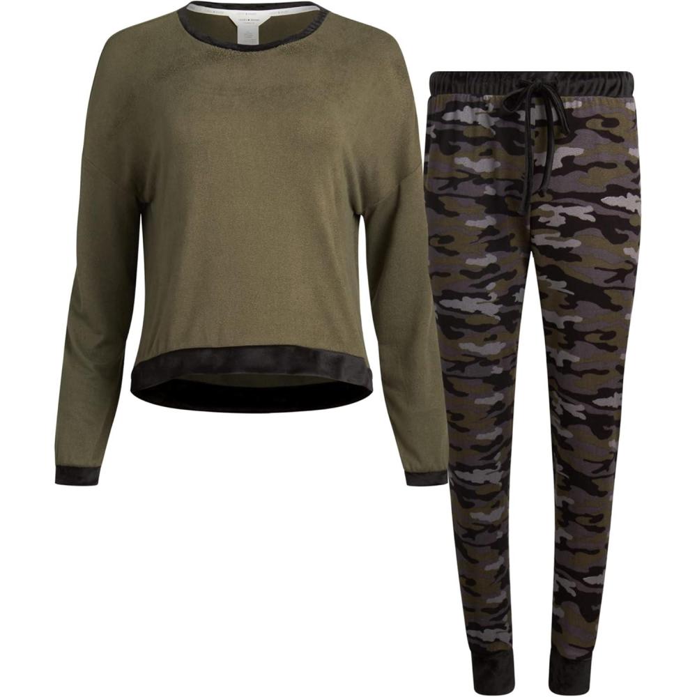 imageLucky Brand Womens Pajama Set  2 Piece Long Sleeve Sleep Shirt and Jogger Pants with Velour Trim SXLDusky Green