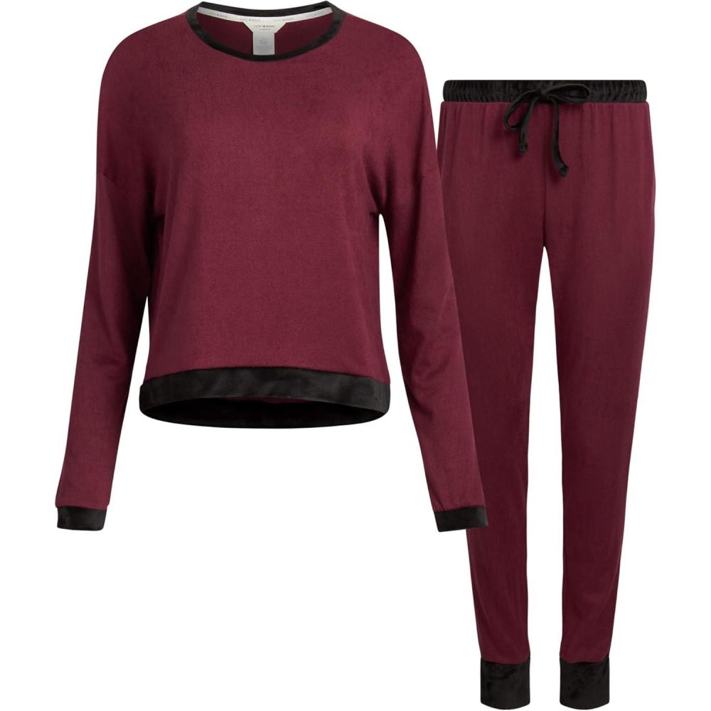 imageLucky Brand Womens Pajama Set 2 Piece Long Sleeve Sleep Shirt and Jogger Pants with Velour Trim SXLMaroon Banner