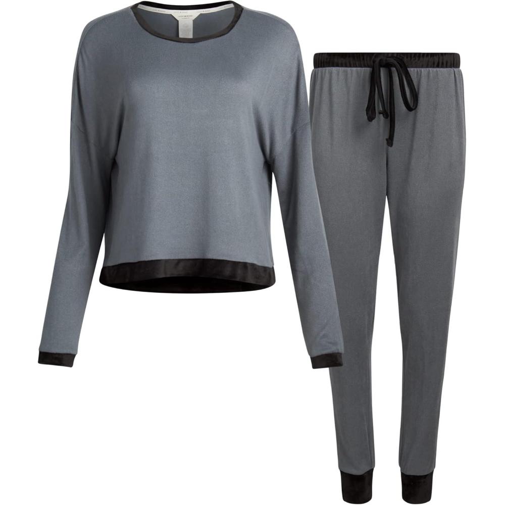 imageLucky Brand Womens Pajama Set 2 Piece Long Sleeve Sleep Shirt and Jogger Pants with Velour Trim SXLShaddow Black
