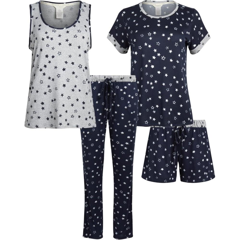 imageLucky Brand Womens Pajama Set  4 Piece Sleep Shirt Tank Top Pajama Pants Lounge Shorts SXLNavy Stars