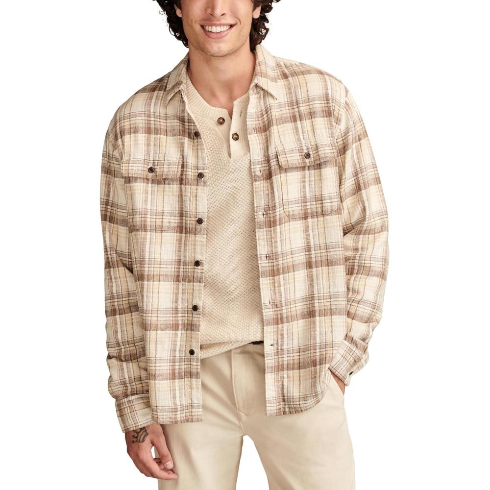 imageLucky Brand Mens Big Slub Twill Plaid Long Sleeve Utility ShirtBrown Multi