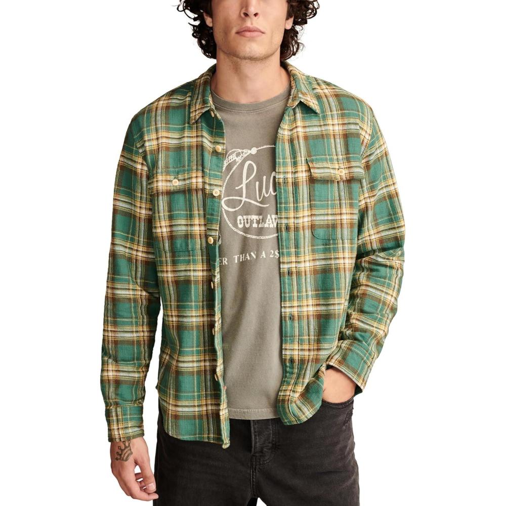 imageLucky Brand Mens Big Slub Twill Plaid Long Sleeve Utility ShirtGreen Multi