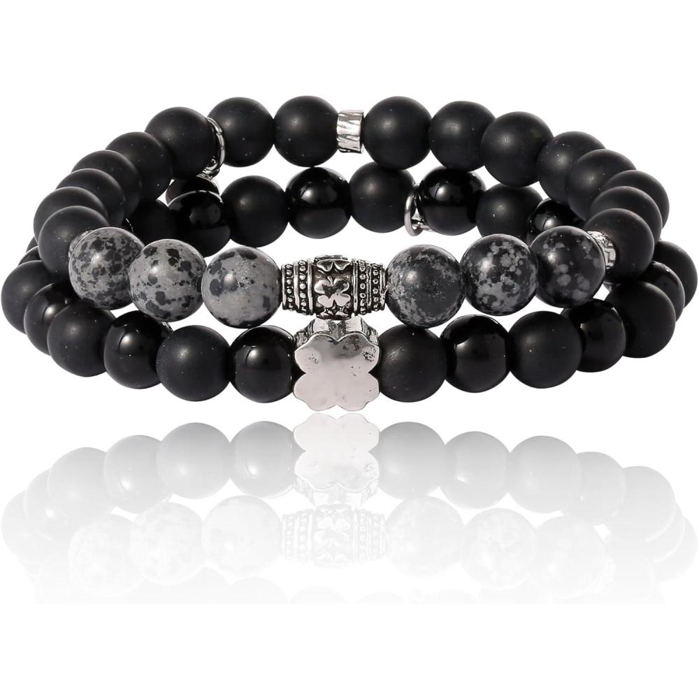 imageLucky Brand Mens Beaded Black Bracelet 2 Pieces Stretch Mens Bracelets Beads 8mm Black Onyx and Green Malachite