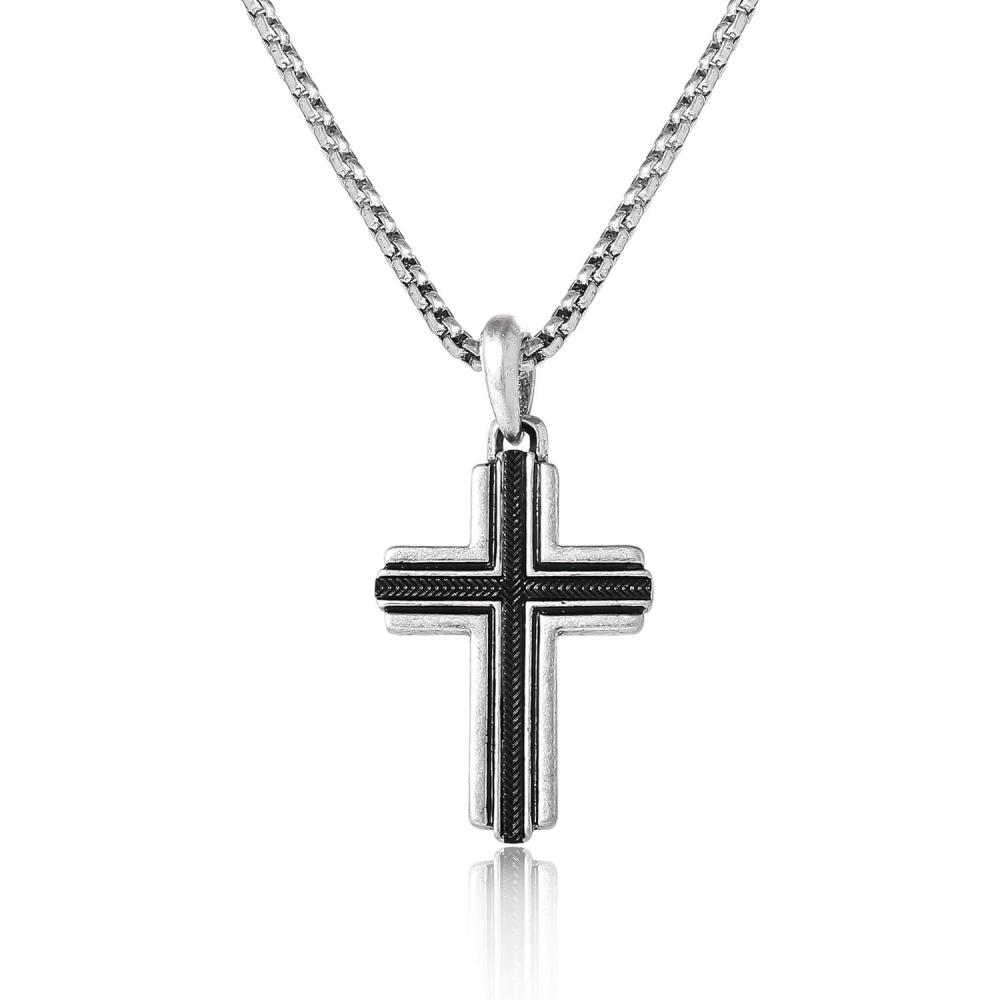 imageLucky Brand Stainless Steel Cross Necklace for Men 24quot TwoTone Pendant Necklace Cross Jewelry