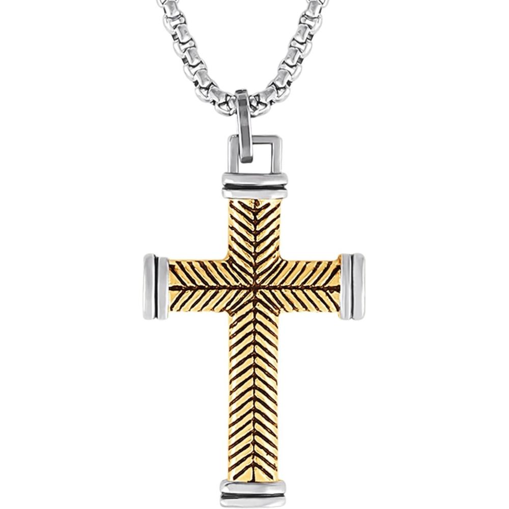 imageLucky Brand Stainless Steel Cross Necklace for Men 24quotquot TwoTone Cross Pendant Necklace Cross Jewelry