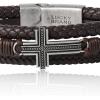 Lucky Brand Textured Cross Triple Row Brown Bracelet for Men 8.5″ Antique Silver Flash-Plated, Cross Jewelry