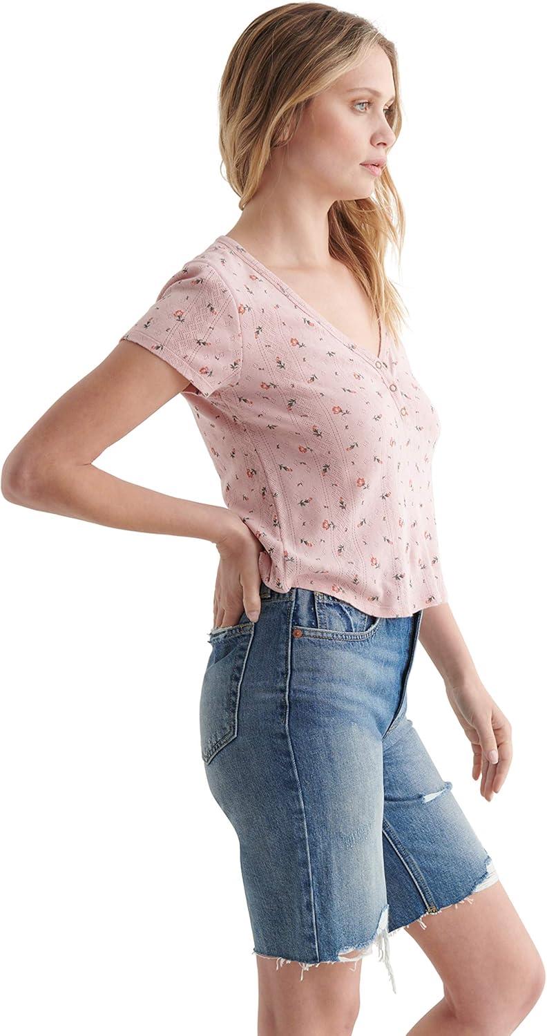 imageLucky Brand Womens Short Sleeve VNeck Pointelle Henley TopPink Multi