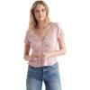 Lucky Brand Women’s Short Sleeve V-Neck Pointelle Henley Top(Pink Multi)