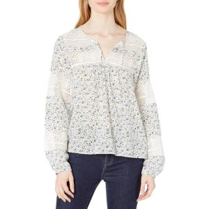 Lucky Brand Women’s Long Sleeve Tie Neck Lace Inset Boho Blouse(Blue Multi)