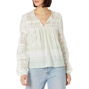 Lucky Brand Women’s Long Sleeve Tie Neck Lace Inset Boho Blouse(Green)