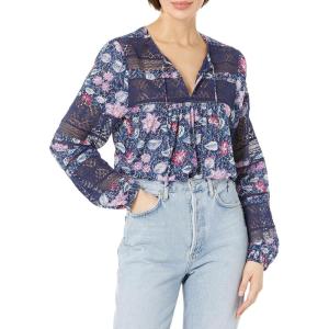 Lucky Brand Women’s Long Sleeve Tie Neck Lace Inset Boho Blouse(Navy Multi)