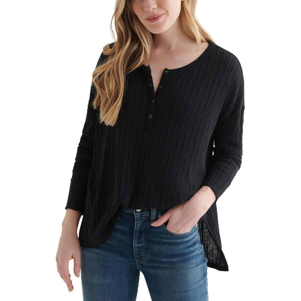 imageLucky Brand Womens Long Sleeve Rib Soft Henley TopJet Black