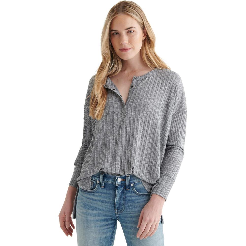 imageLucky Brand Womens Long Sleeve Rib Soft Henley TopMedium Heather Grey