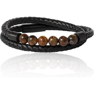 Lucky Brand Braided Cord Men’s Bracelet with Tiger’s Eye Beads, Stainless Steel Bracelet, Male Jewelry