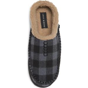 Lucky Brand Boys Buffalo Plaid Memory Foam Clog Slippers, Non Slip Rubber Sole House Shoes, Kids Cozy Fluffy Bedroom Clogs(Grey)