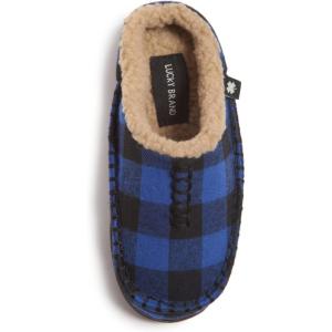 Lucky Brand Boys Buffalo Plaid Memory Foam Clog Slippers, Non Slip Rubber Sole House Shoes, Kids Cozy Fluffy Bedroom Clogs(Royal)