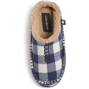 Lucky Brand Boys Buffalo Plaid Memory Foam Clog Slippers, Non Slip Rubber Sole House Shoes, Kids Cozy Fluffy Bedroom Clogs(White Navy)