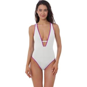 Lucky Brand Womens Marbella Maillot One Piece Swimsuit, Plunge Neck, Bathing Suits for Women(White)