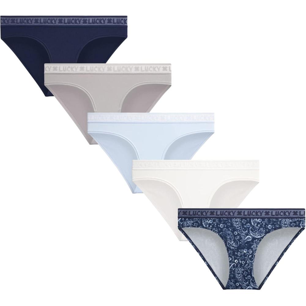 imageLucky Brand Womens Underwear 5 Pack Microfiber Bikini PantiesBlue Iris PaisleyHalogenBlue IrisGardeniaSilver Sconce