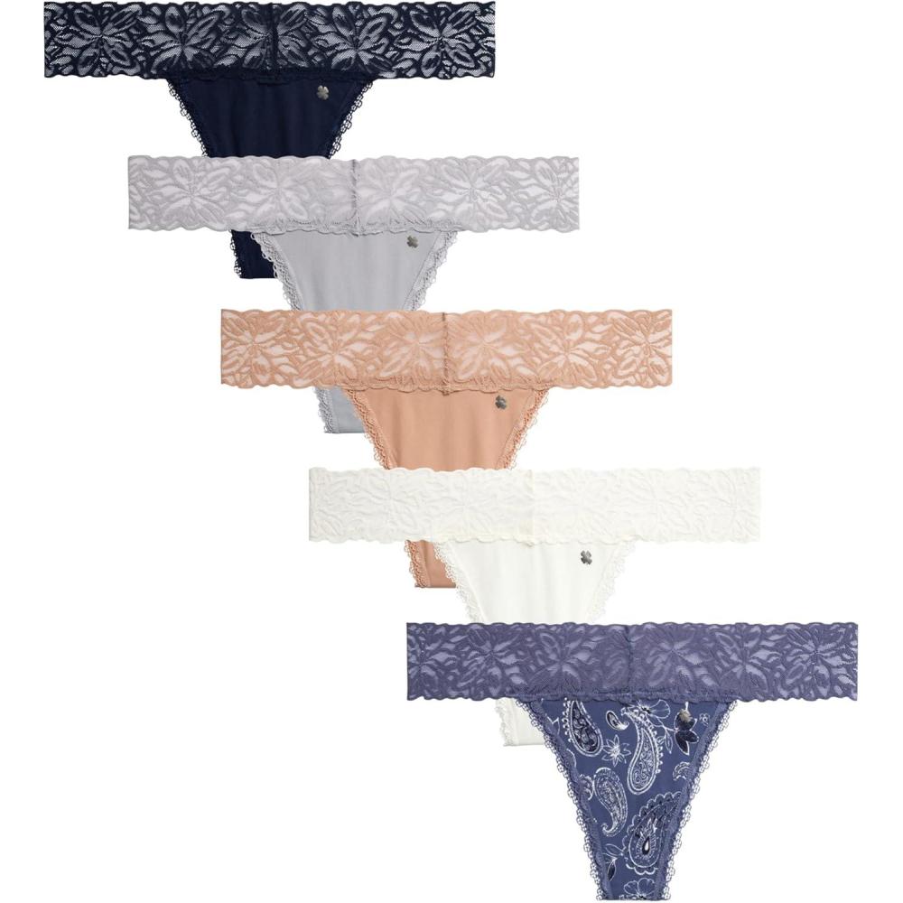 imageLucky Brand Womens Underwear  5 Pack Microfiber Stretch Lace Thong Panties SXLBlue IrisBrushGarderniaSilver SconceIndigo Blue Crescent Heights