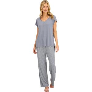 Lucky Brand Women’s Pajama Set – 2 Piece Henley Sleep Shirt and Lounge Pants – Silky Soft Sleepwear for Women(Floral Dots/Blue)