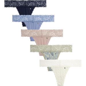 Lucky Brand Women’s Underwear – 5 Pack Microfiber Stretch Lace Thong Panties (S-XL)(Blue Iris/Sphinx/Gardenia Ladera Heights/Stonewash/Abbey Stone Market Floral)