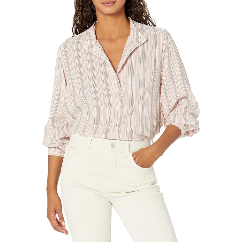 image:imageLucky Brand Womens Long Sleeve Button Neck Stripe Popover Top