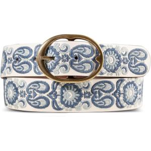 Lucky Brand Women’s Embroidered Leather Belt | Stylish | Classic | Western-Inspired | American Heritage | Jean | Pant(Embroidered – Cream/Blue)