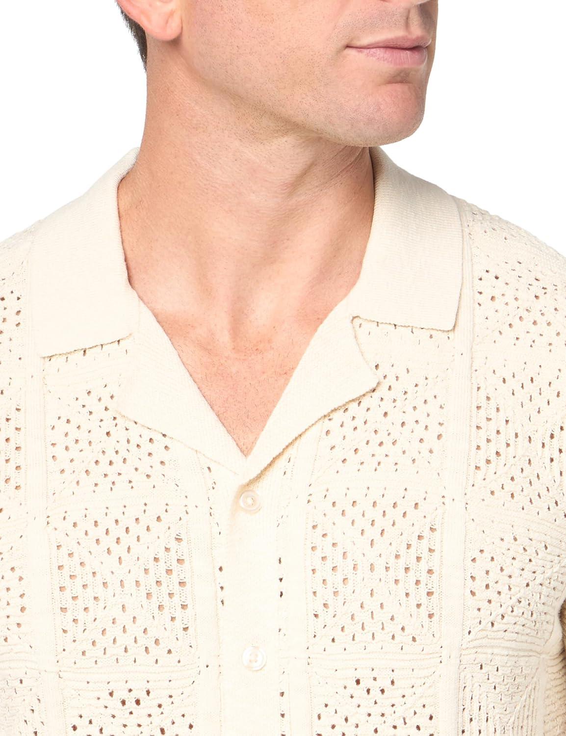 image:imageLucky Brand Mens Mens Crochet Camp Collar Short Sleeve ShirtWhite Cap Gray