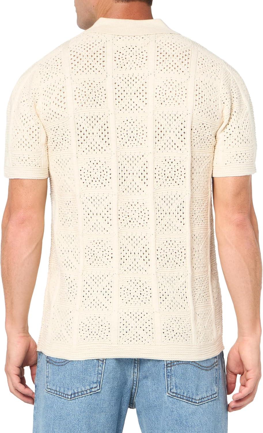 image:imageLucky Brand Mens Mens Crochet Camp Collar Short Sleeve ShirtWhite Cap Gray