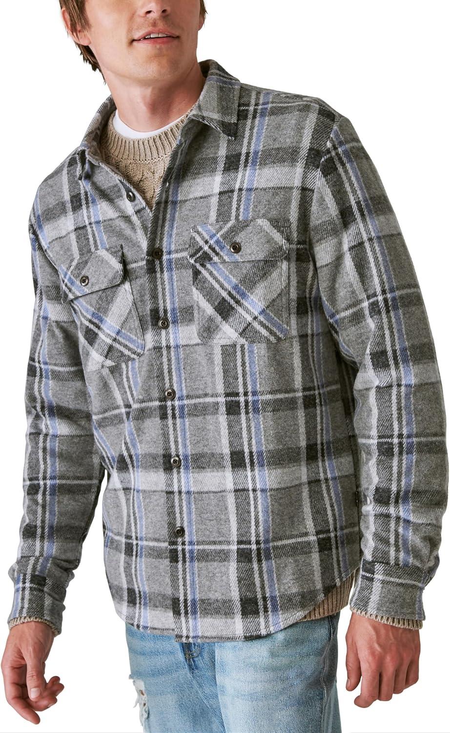 image:imageLucky Brand Mens Plaid Brushed Knit Long Sleeve ShirtGrey Multi Plaid