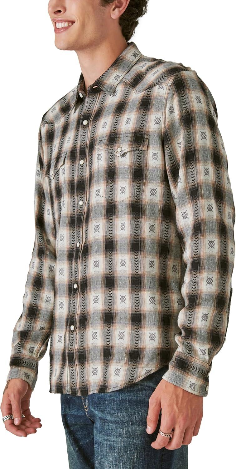 image:imageLucky Brand Mens Plaid Dobby Western Long Sleeve ShirtBlack Dobby Plaid