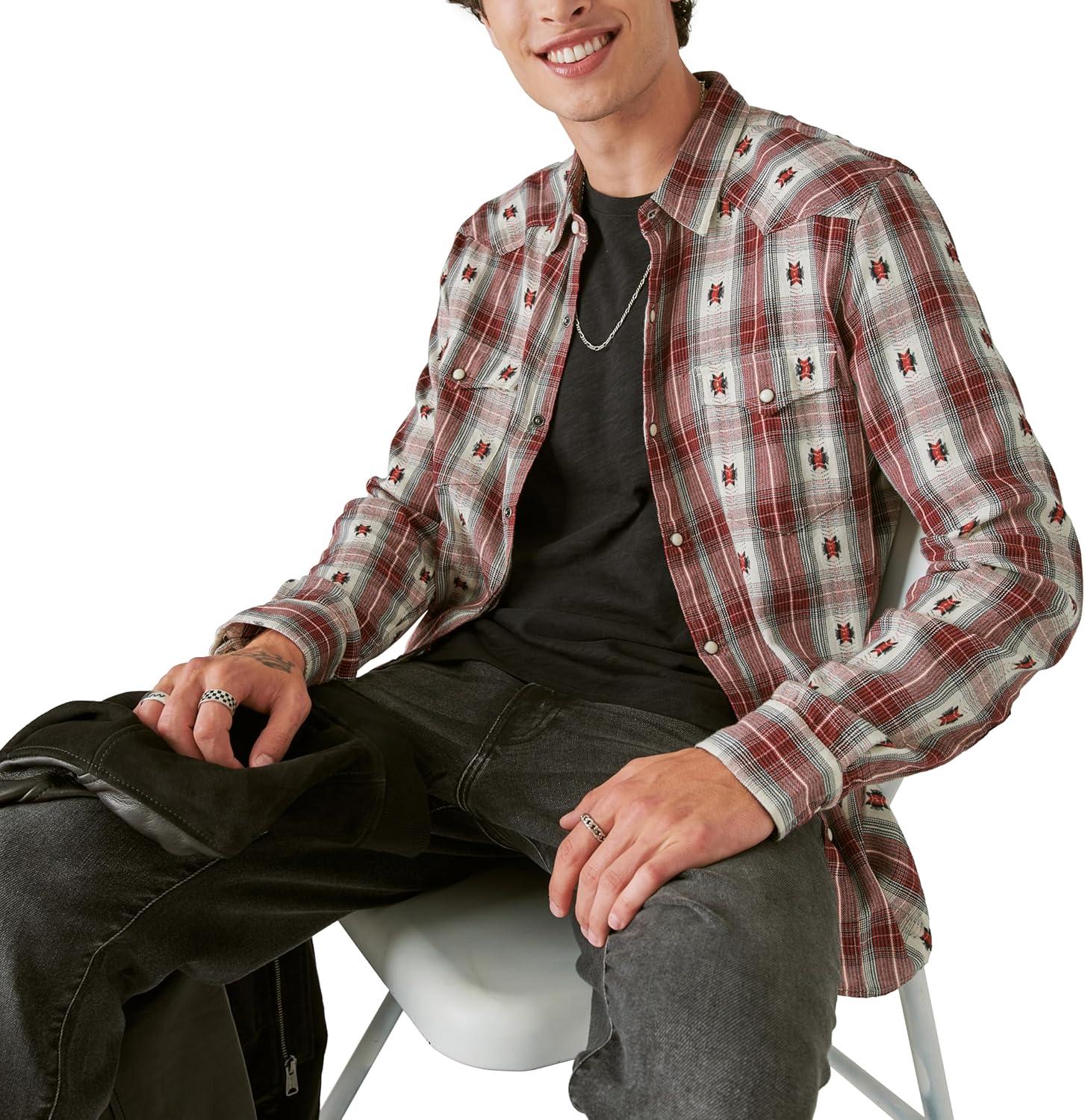 image:imageLucky Brand Mens Plaid Dobby Western Long Sleeve ShirtRed Dobby Plaid