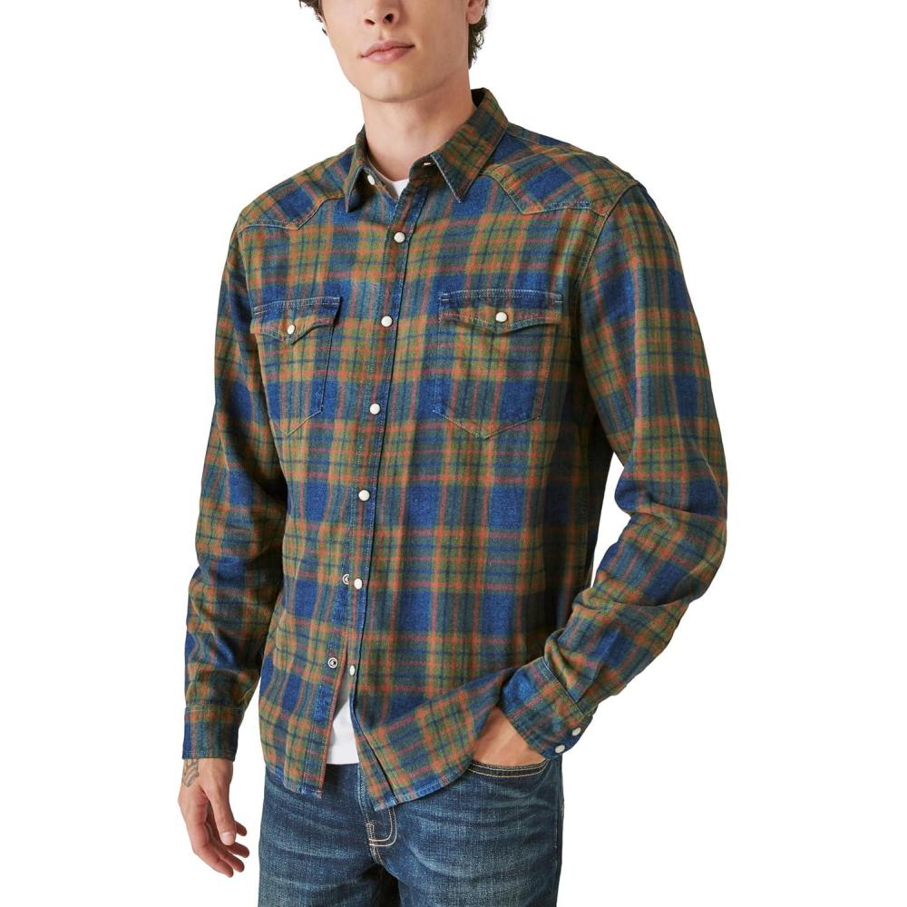 image:imageLucky Brand Mens Lucky Brand Mens Plaid Indigo Western Long Sleeve ShirtGreen Plaid