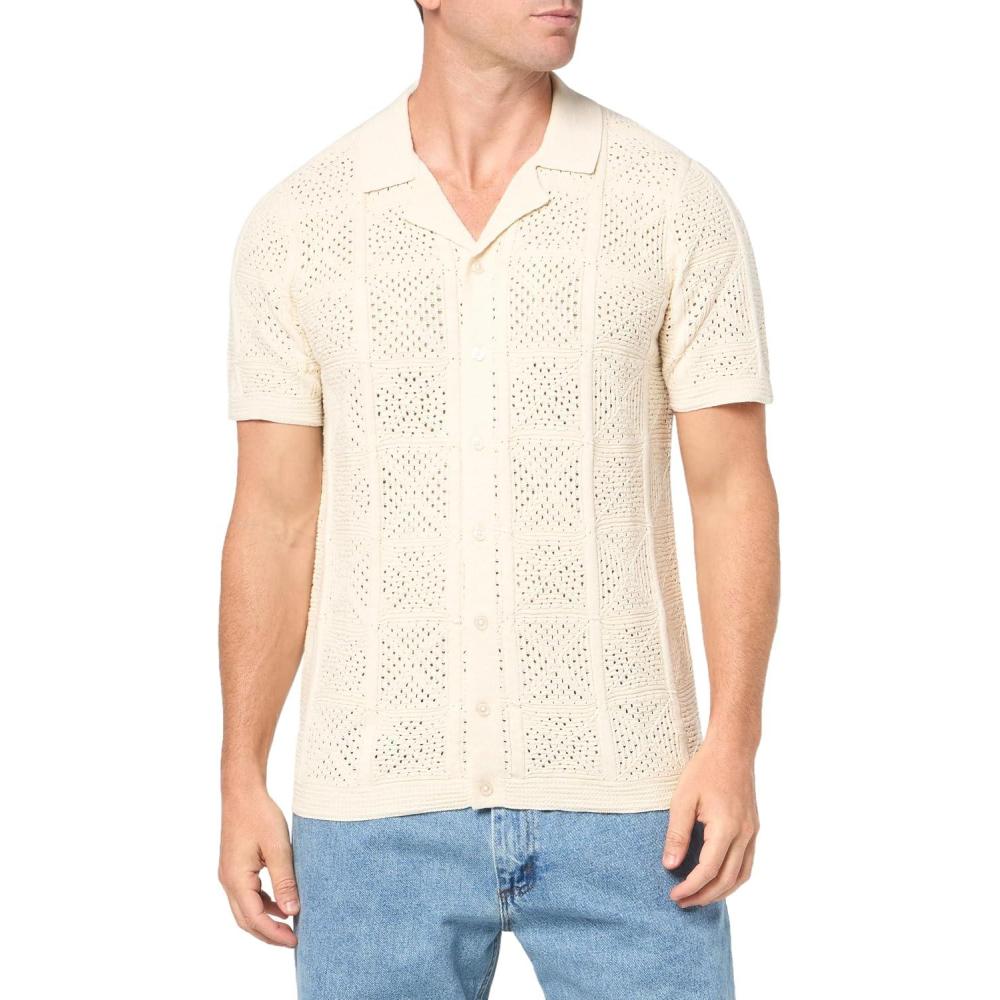 image:imageLucky Brand Mens Mens Crochet Camp Collar Short Sleeve ShirtWhite Cap Gray
