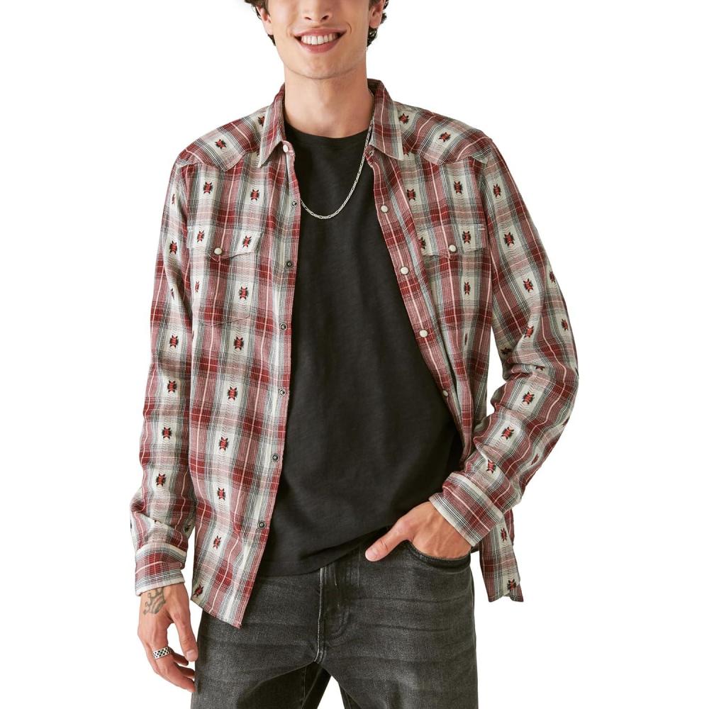 image:imageLucky Brand Mens Plaid Dobby Western Long Sleeve ShirtRed Dobby Plaid