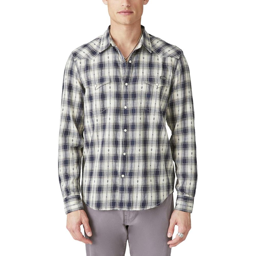 image:imageLucky Brand Mens Plaid Dobby Western Long Sleeve ShirtWhiteBlack Plaid