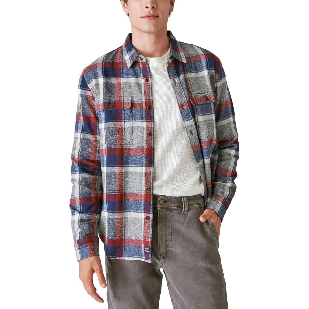 image:imageLucky Brand Mens Plaid Utility Long Sleeve Flannel ShirtGreyRedBlue