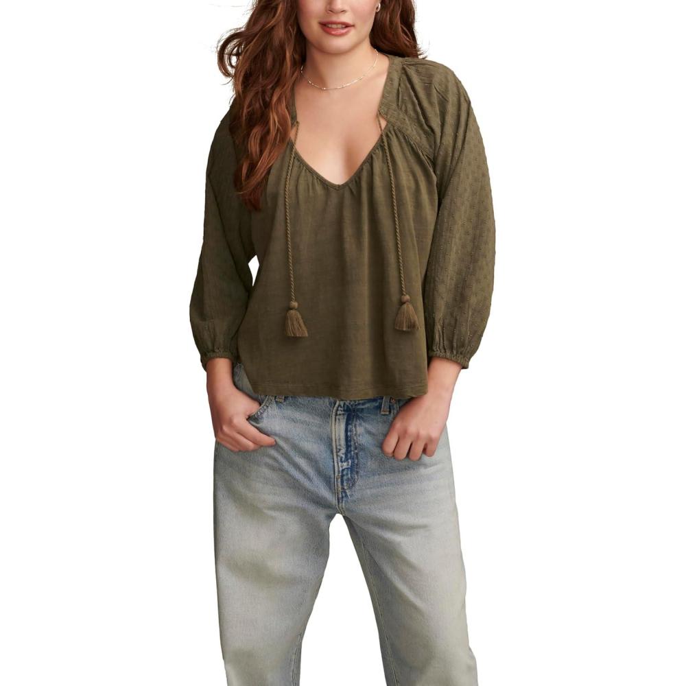 image:imageLucky Brand Womens Womens Knit Mix Peasant BlouseDusty Olive