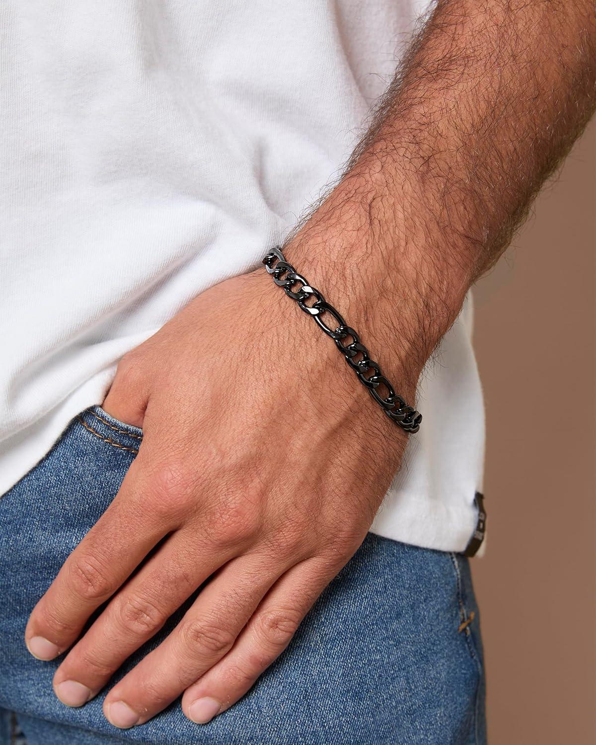 image:imageLucky Brand Mens Stainless Steel 8MM Figaro Bracelet Black Plated Durable Chain Link Jewelry